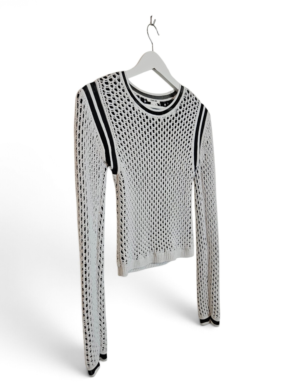 Helmut Lang Sweater XS P Mesh Open Knit Racing Stripe Sheer Layered White Black